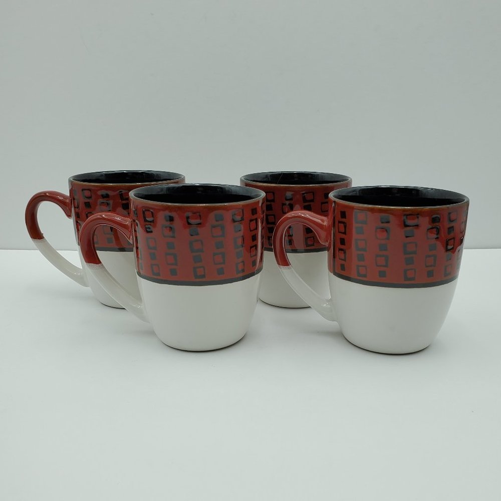 Pfaltzgraff Everyday Jaxson Mugs Black Squares on Deep Brick Red Border